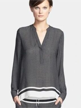 Vince 100% Silk Shadow Stripe Tunic Blouse Black Cream XS